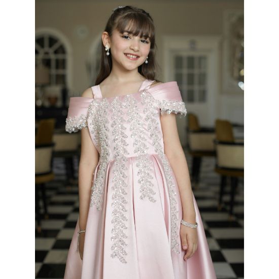 صورة فستان بناتي بلونين مطرز بأكتاف | فستان سهرة للأفراح - M3624